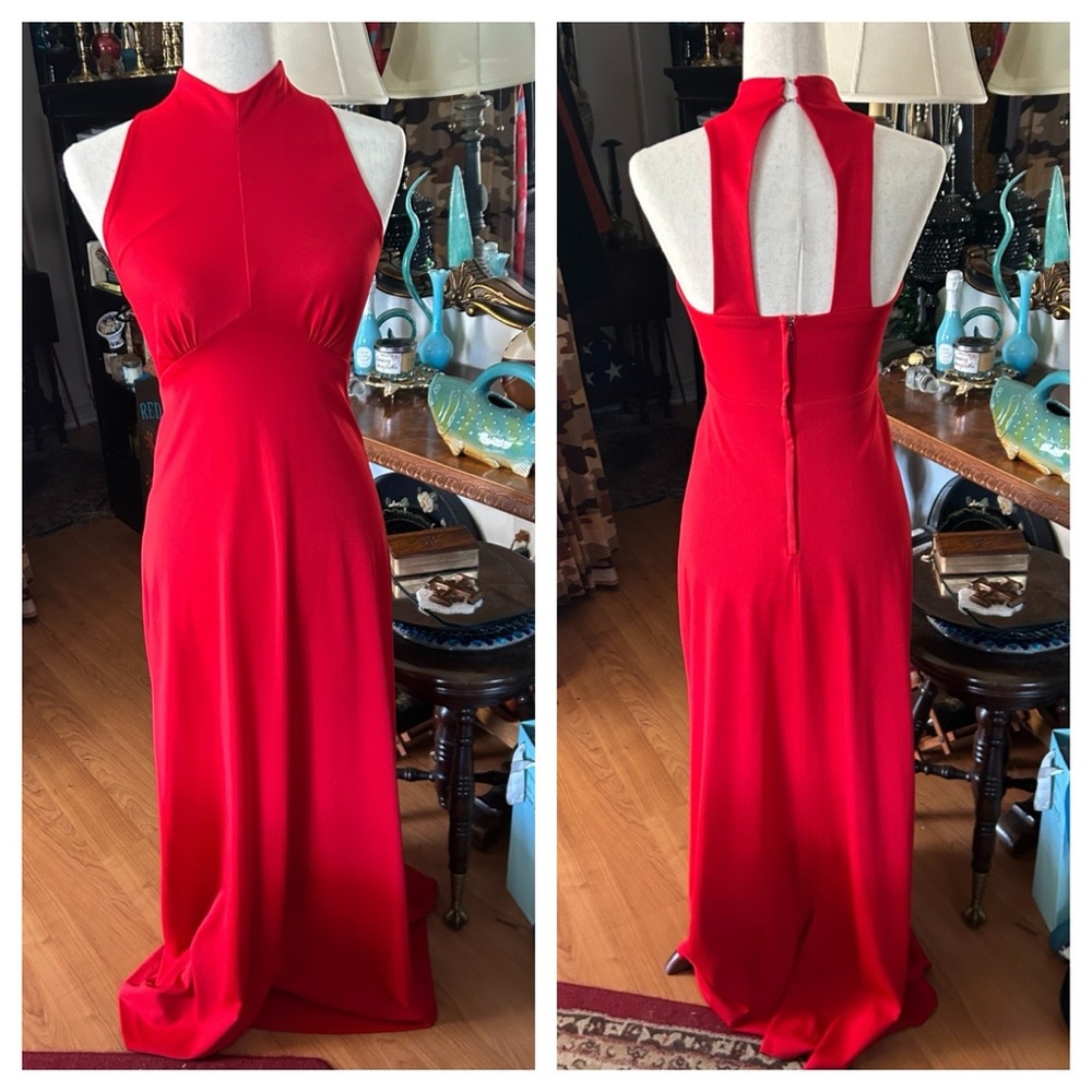 Vintage Red Backless Halter Evening Gown